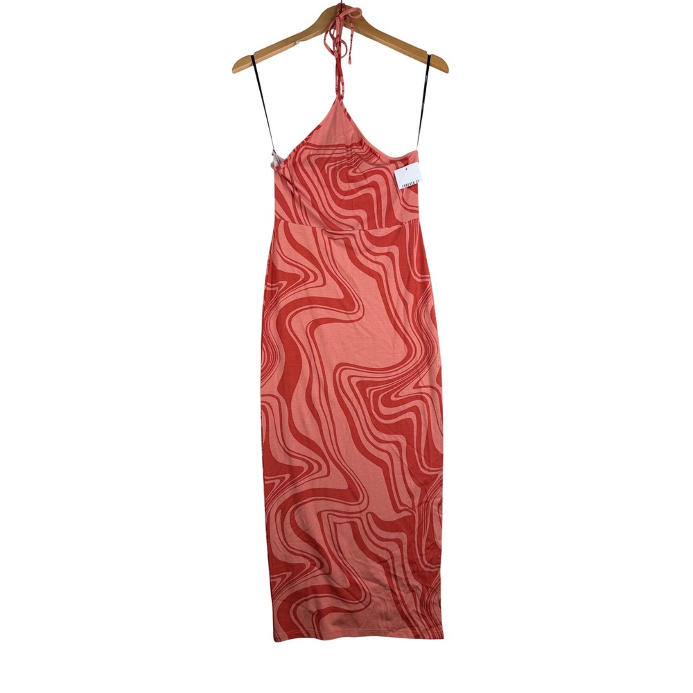 New Forever 21 Abstract Marble Print Halter Neck Slip Dress size Small Orange